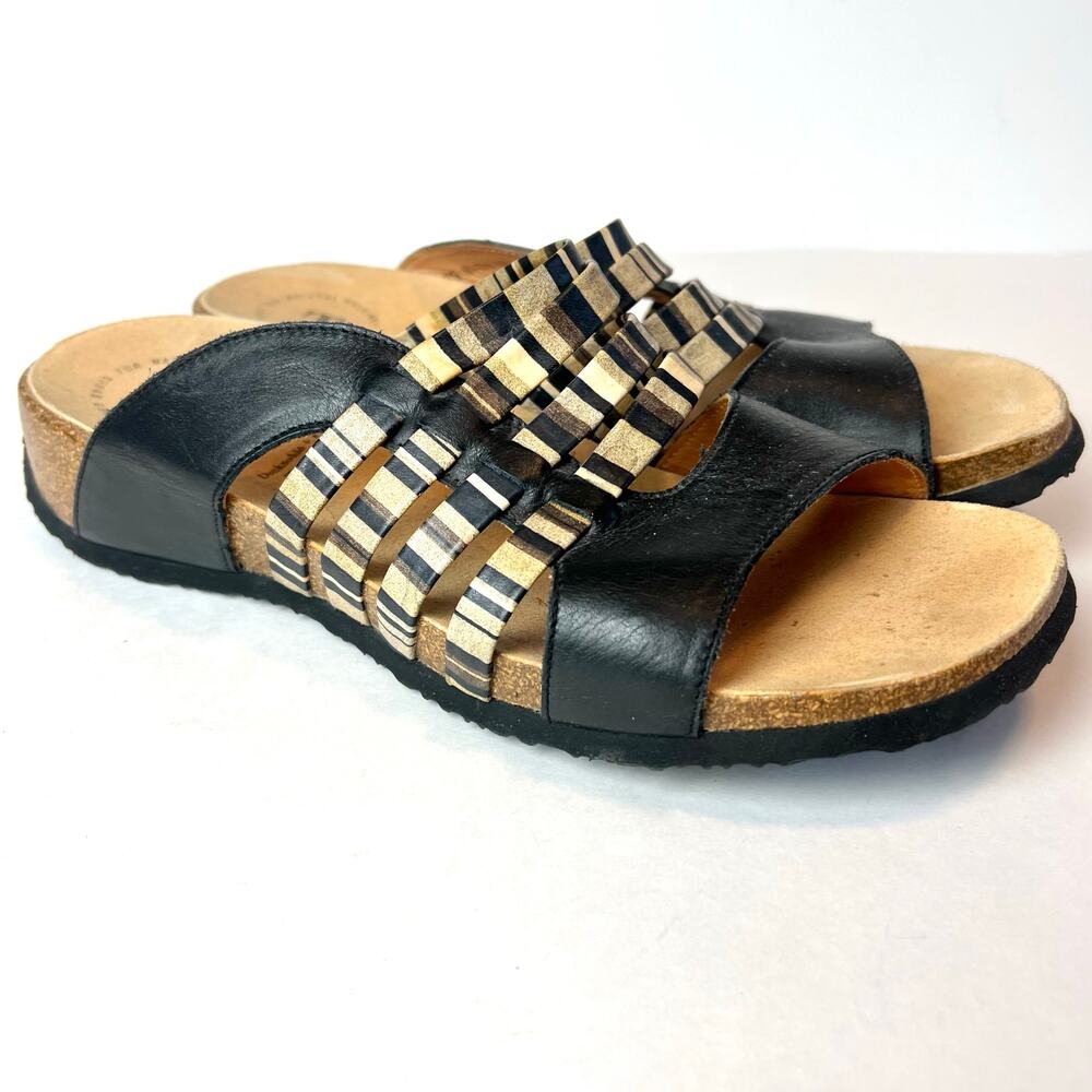 Think! Mizzi Leather Strappy Slide Sandals Cork Sole Comfort Shoes Size 9-9.5